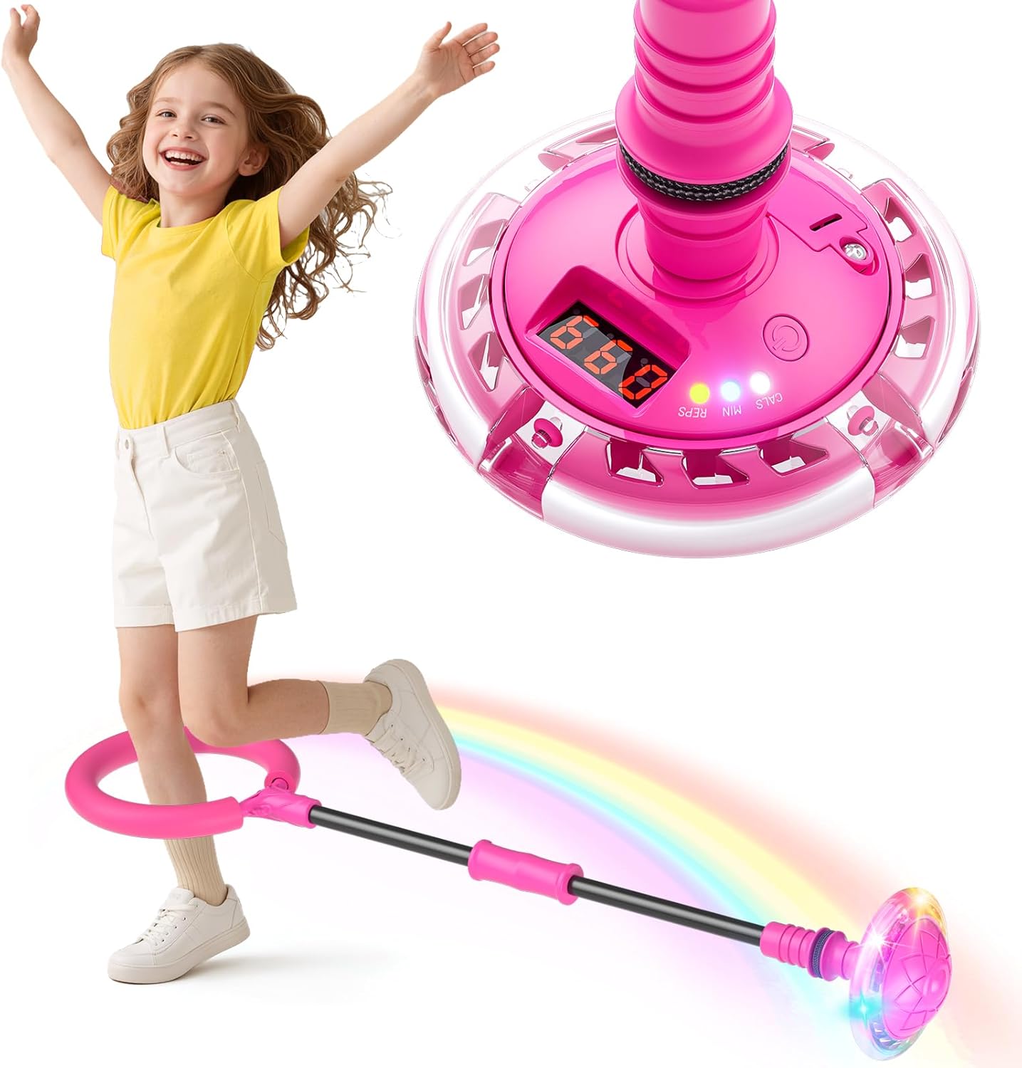 Jofuni Ankle Skip Ball for Kids with Counter, Timer, Cal Calculator, Girl Birthday Gifts for Age 5 6 7 8 9 10, Battery Powered Foldable Outdoor Sports Toy for 6-10 Year Old Girl Easter Gifts (Pink)