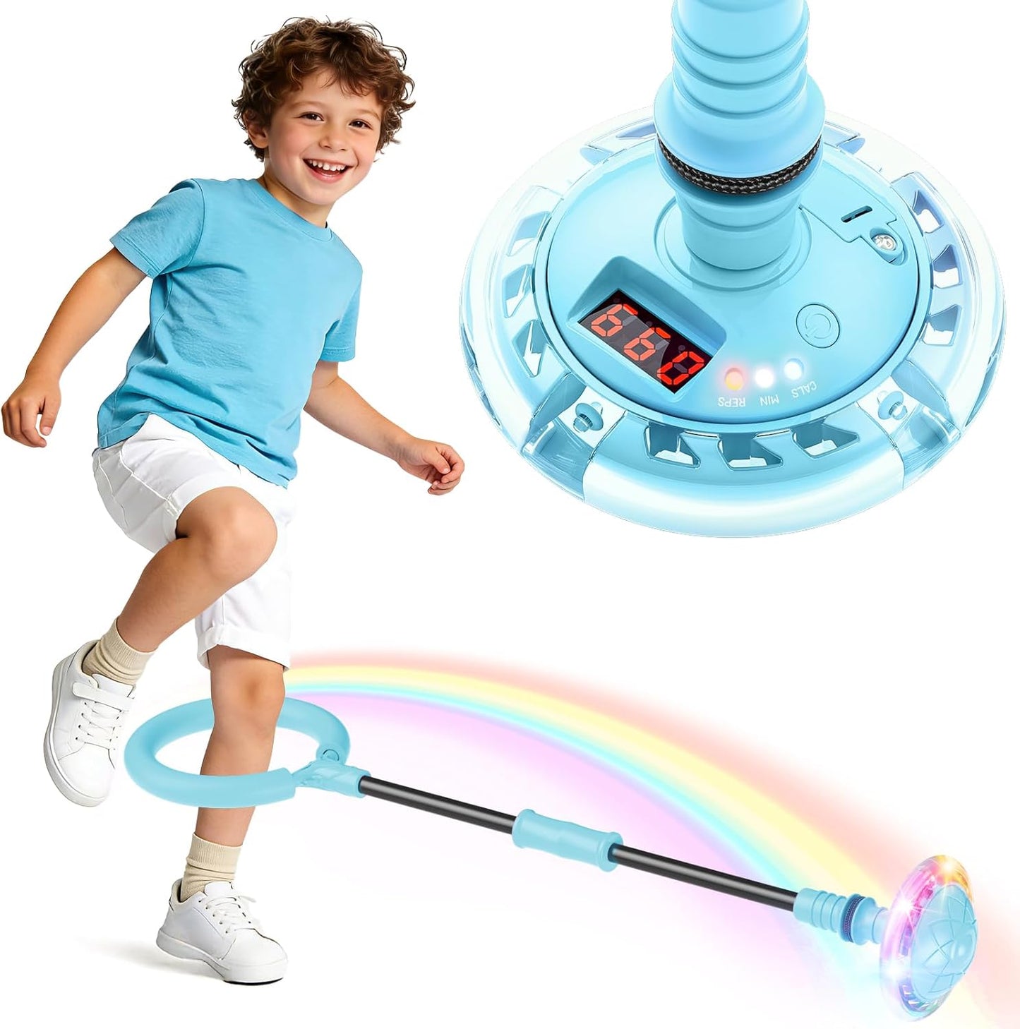 Jofuni Ankle Skip Ball for Kids with Counter, Timer, Cal Calculator, Boys Birthday Gifts for Age 5 6 7 8 9 10, Battery Powered Foldable Outdoor Sports Toy for 6 7 8 9 10 Year Old Boys Gifts (Light Blue)