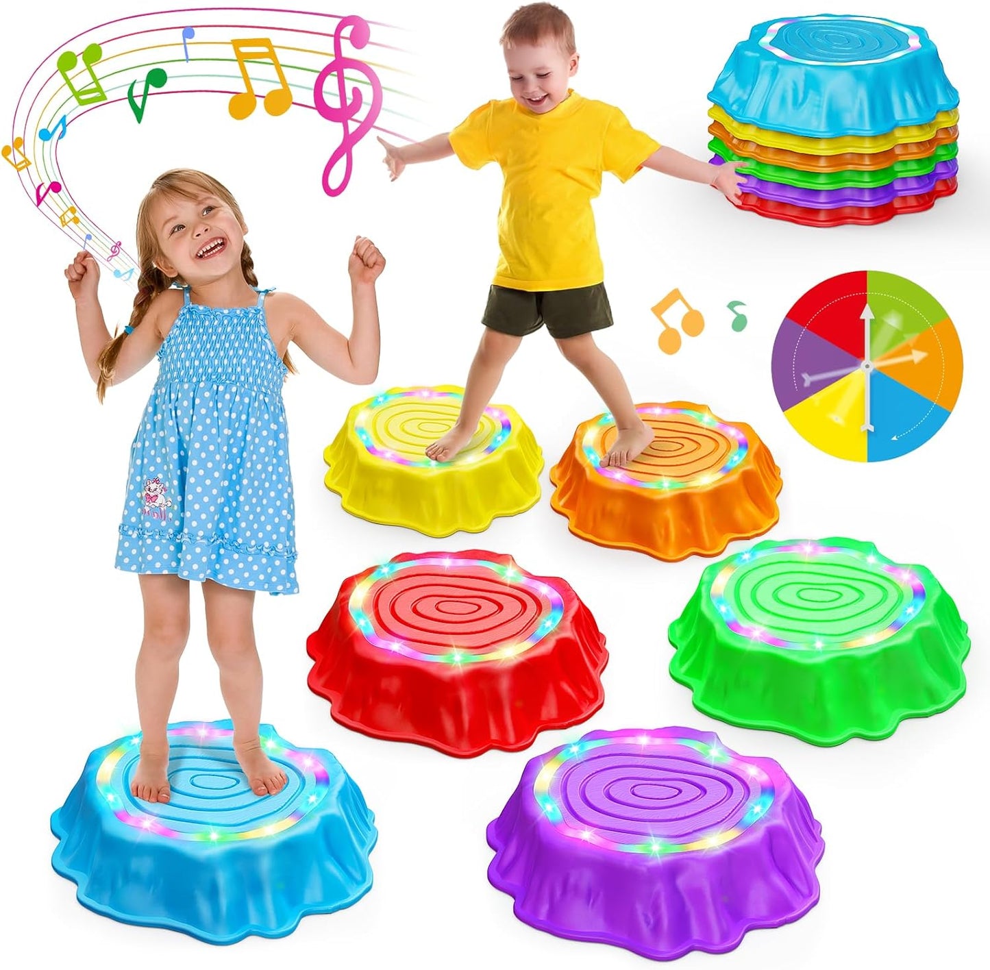 Jofuni Light Up Musical Stepping Stones for Kids - LED Non-Slip Balance Stones Outdoor & Indoor Sensory Toys for Toddlers Ages 3-5 Stackable Step Stone Garden & Playground Activity 6 Pcs Balance Beams