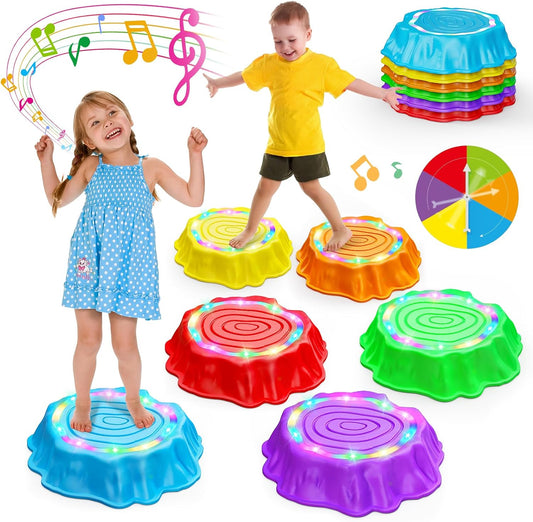 Jofuni Light Up Musical Stepping Stones for Kids - LED Non-Slip Balance Stones Outdoor & Indoor Sensory Toys for Toddlers Ages 3-5 Stackable Step Stone Garden & Playground Activity 6 Pcs Balance Beams