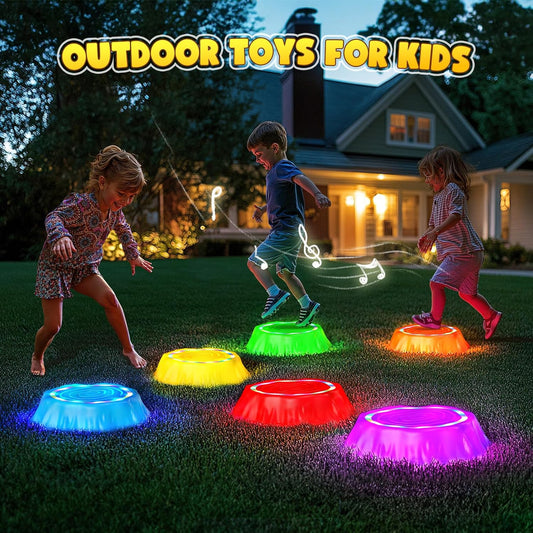 Jofuni Light Up Musical Stepping Stones for Kids - LED Non-Slip Balance Stones Outdoor & Indoor Sensory Toys for Toddlers Ages 3-5 Stackable Step Stone Garden & Playground Activity 6 Pcs Balance Beams