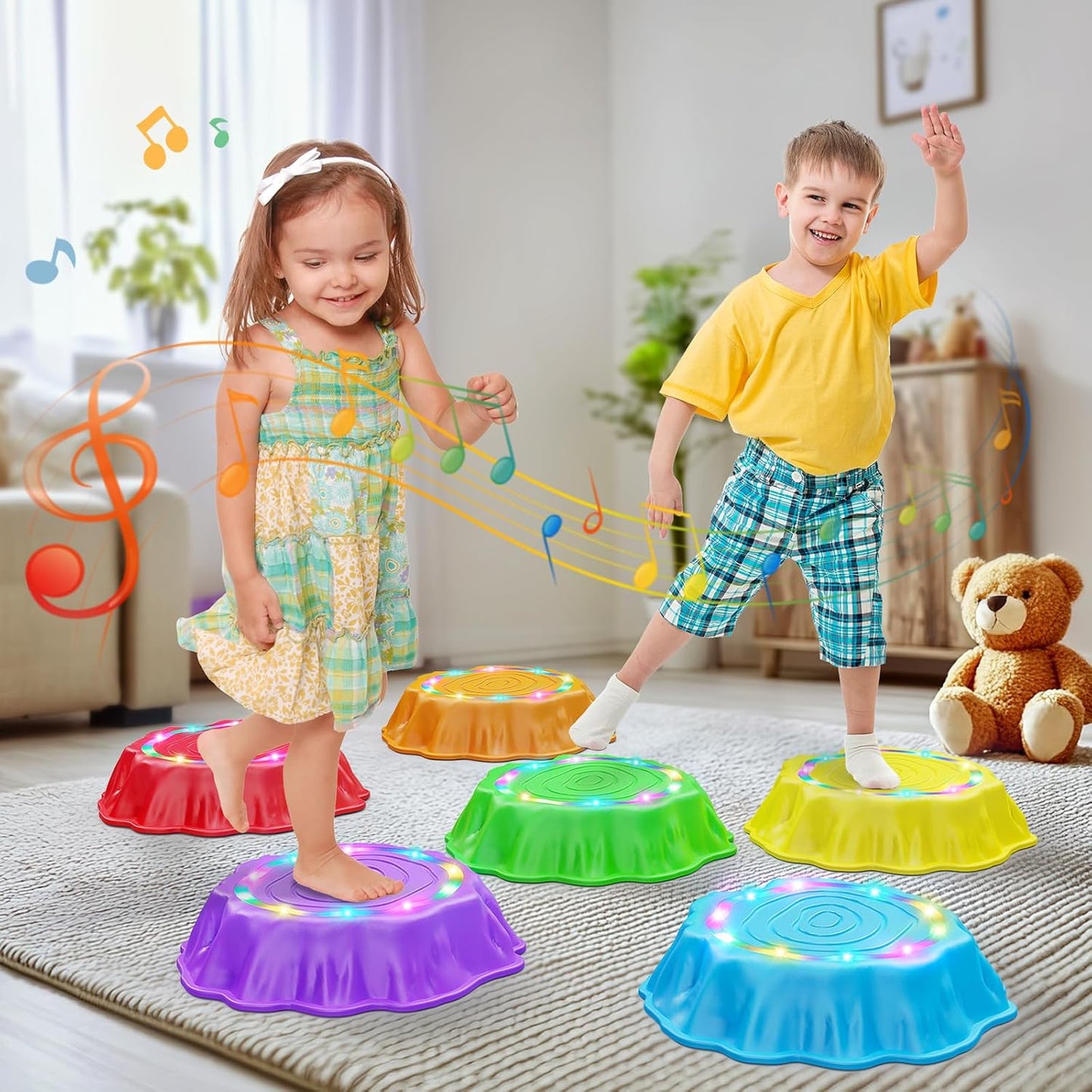 Jofuni Light Up Musical Stepping Stones for Kids - LED Non-Slip Balance Stones Outdoor & Indoor Sensory Toys for Toddlers Ages 3-5 Stackable Step Stone Garden & Playground Activity 6 Pcs Balance Beams