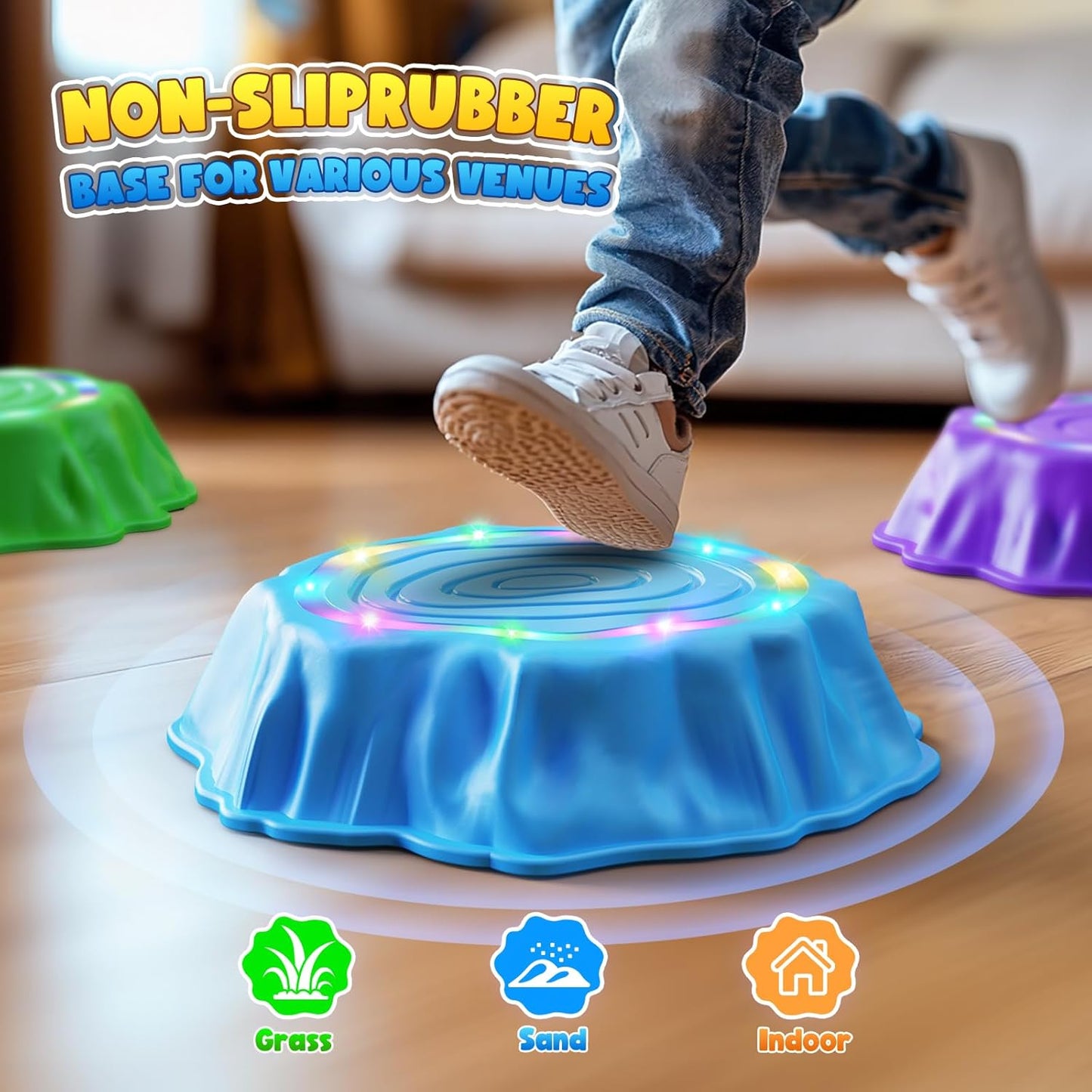 Jofuni Light Up Musical Stepping Stones for Kids - LED Non-Slip Balance Stones Outdoor & Indoor Sensory Toys for Toddlers Ages 3-5 Stackable Step Stone Garden & Playground Activity 6 Pcs Balance Beams