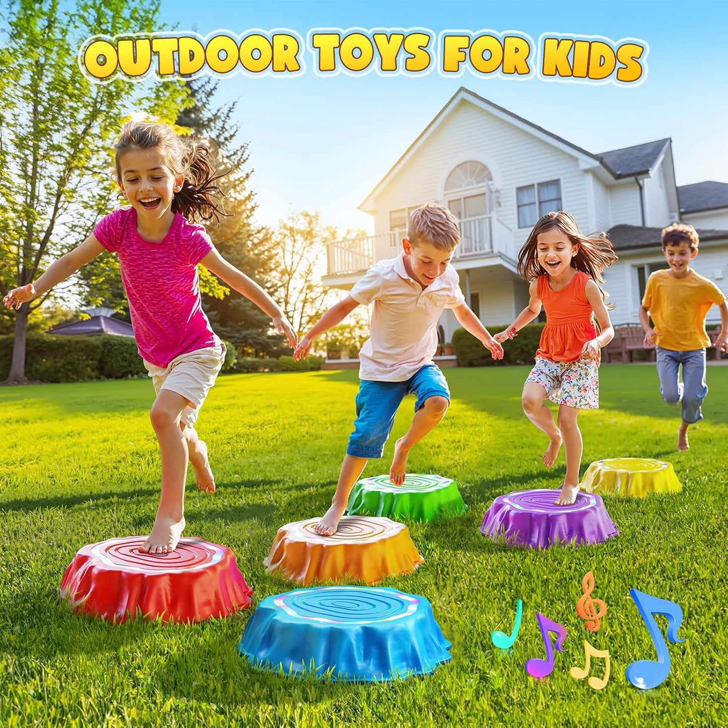 Jofuni Light Up Musical Stepping Stones for Kids - LED Non-Slip Balance Stones Outdoor & Indoor Sensory Toys for Toddlers Ages 3-5 Stackable Step Stone Garden & Playground Activity 6 Pcs Balance Beams