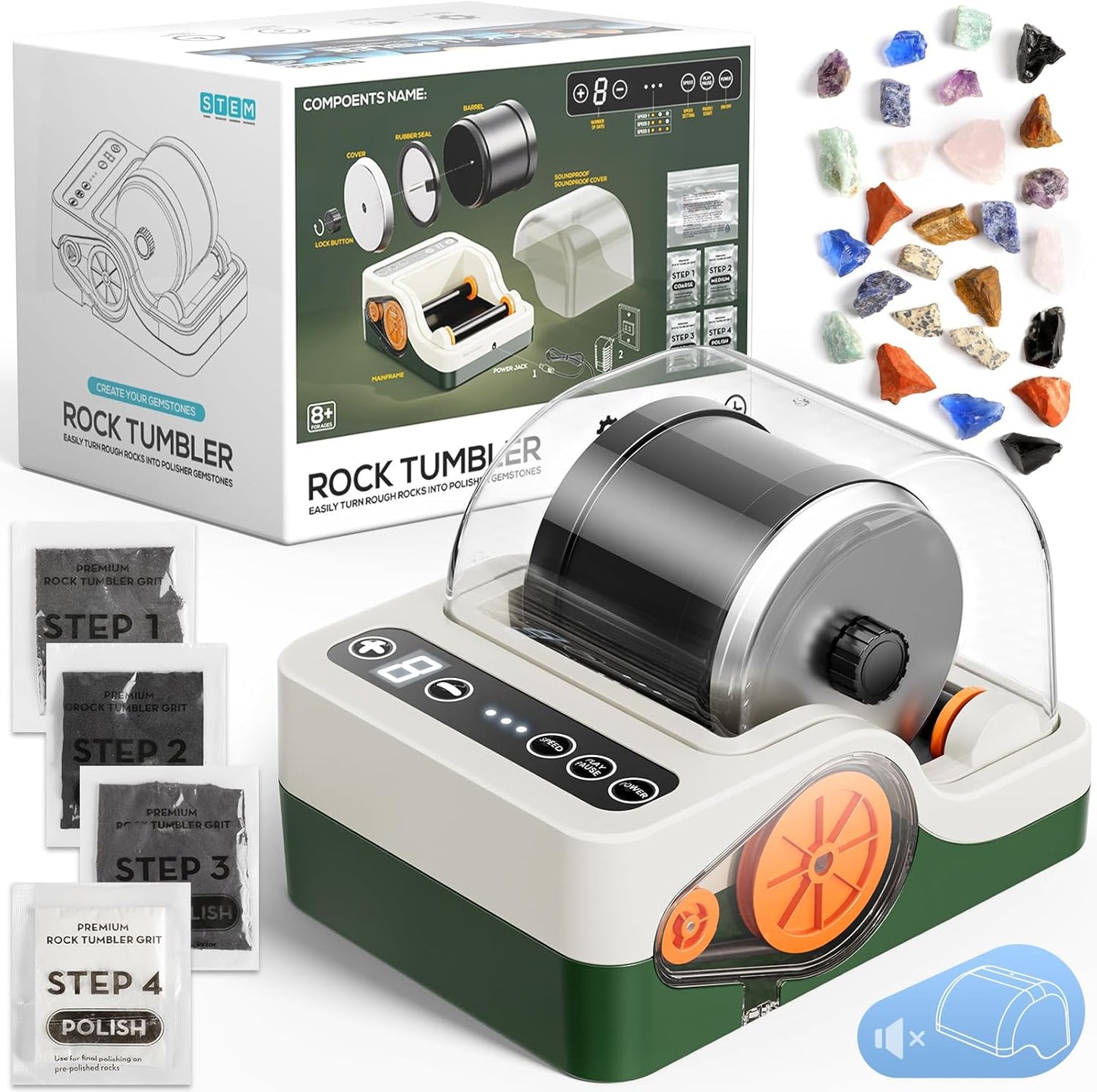 Jofuni Professional Rock Tumbler Machine, Rocks Polishing Machine Kit with Noise Reduction Cover for Kids, Adults & Rock Collector, 3-Speed Motor & 9-Day Timer, Geology Hobby Toy Gift (2026 Upgrade)