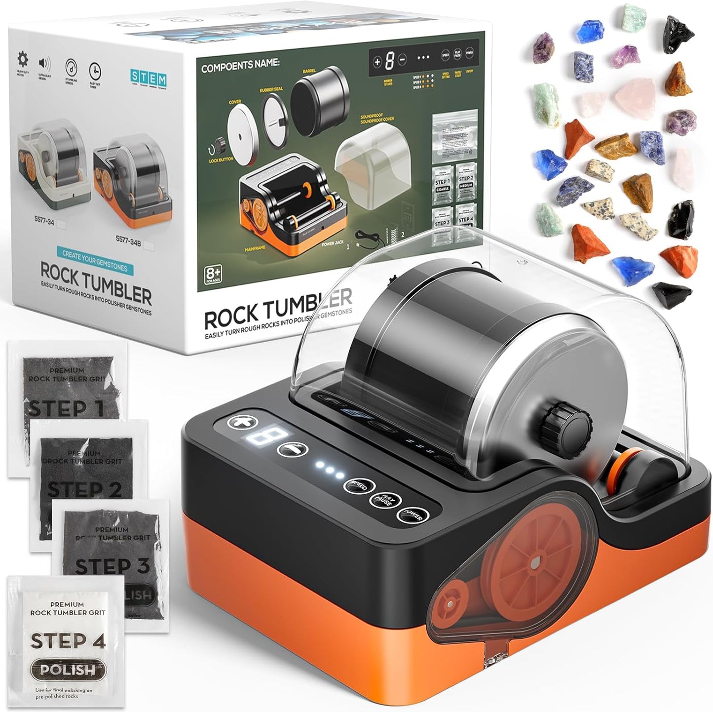 Jofuni Professional Rock Tumbler Machine, Rocks Polishing Machine Kit with Noise Reduction Cover for Kids, Adults & Rock Collector, 3-Speed Motor & 9-Day Timer, Geology Hobby Toy Gift (Orange 2026 Upgrade)