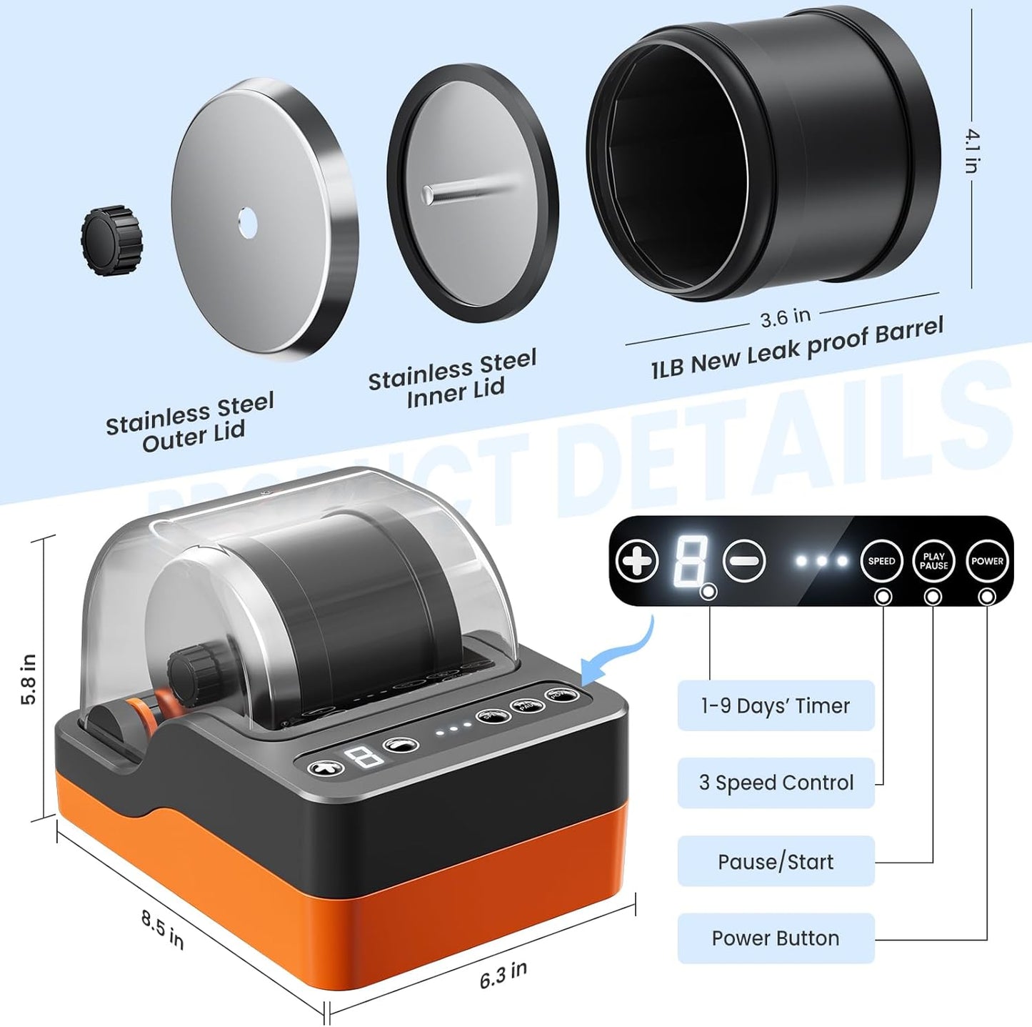 Jofuni Professional Rock Tumbler Machine, Rocks Polishing Machine Kit with Noise Reduction Cover for Kids, Adults & Rock Collector, 3-Speed Motor & 9-Day Timer, Geology Hobby Toy Gift (Orange 2026 Upgrade)