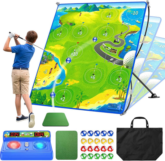 Jofuni Electronic Scoring Golf Chipping Game Set Gift for Kids and Adults | Indoor Outdoor Golf Target Mat with LED Scoreboard, Voice Announcements, Garden Games for Boys Girls Age 6+
