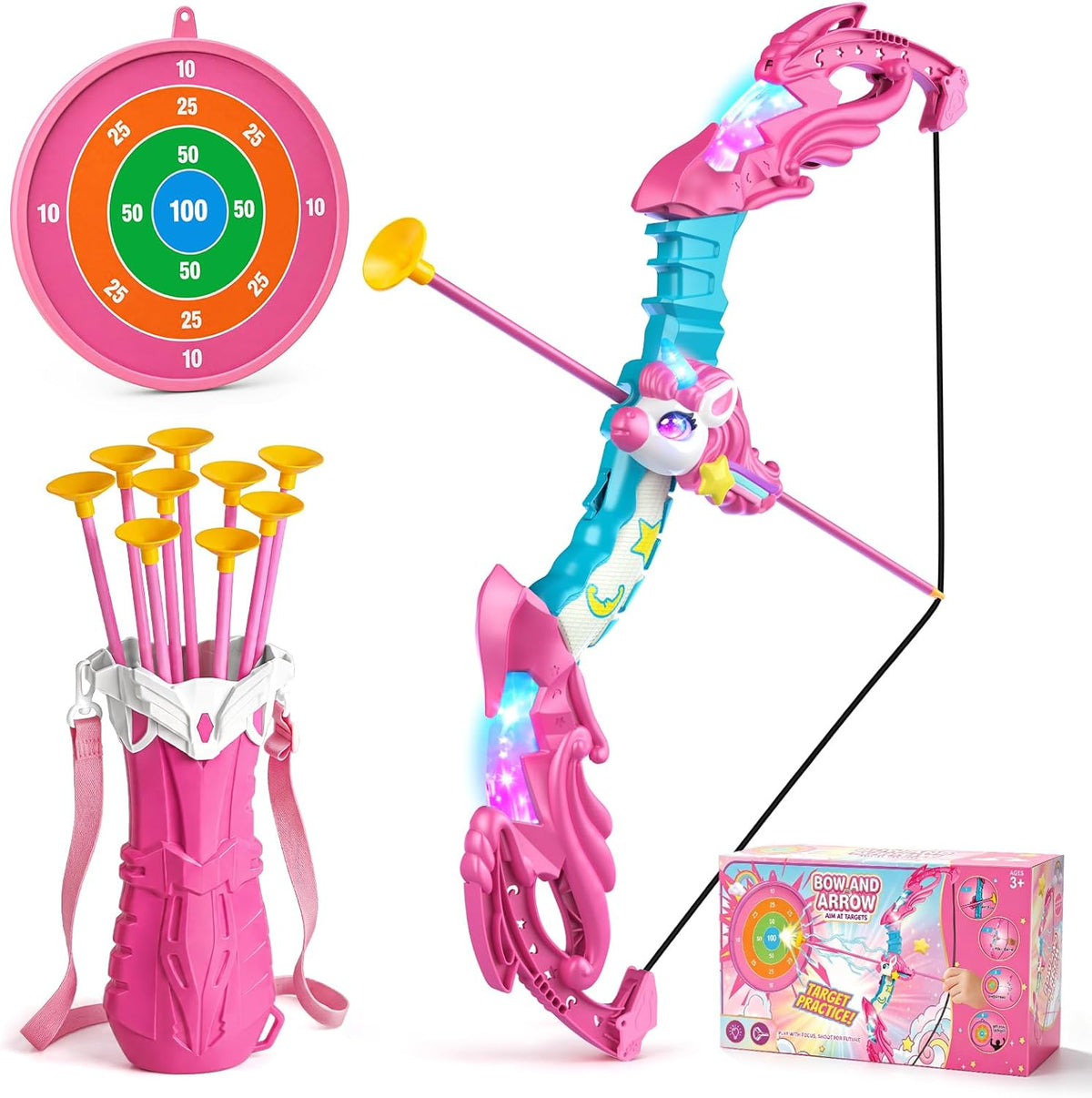 Jofuni Unicorn Toys for Girls Ages 3-12, Bow and Arrow Set for Kids with 10 Arrows | Light Up Archery Toy with Target & Quiver, Indoor Garden Birthday Gifts for Girls