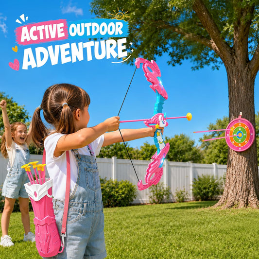Jofuni Unicorn Toys for Girls Ages 3-12, Bow and Arrow Set for Kids with 10 Arrows | Light Up Archery Toy with Target & Quiver, Indoor Garden Birthday Gifts for Girls