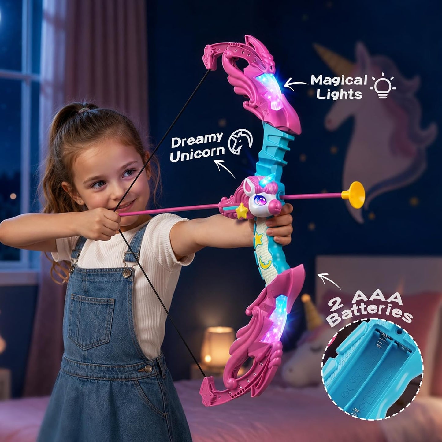 Jofuni Unicorn Toys for Girls Ages 3-12, Bow and Arrow Set for Kids with 10 Arrows | Light Up Archery Toy with Target & Quiver, Indoor Garden Birthday Gifts for Girls