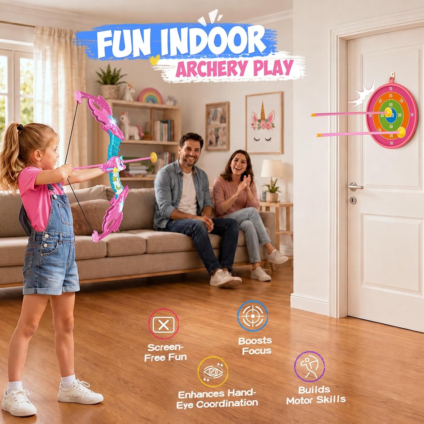 Jofuni Unicorn Toys for Girls Ages 3-12, Bow and Arrow Set for Kids with 10 Arrows | Light Up Archery Toy with Target & Quiver, Indoor Garden Birthday Gifts for Girls