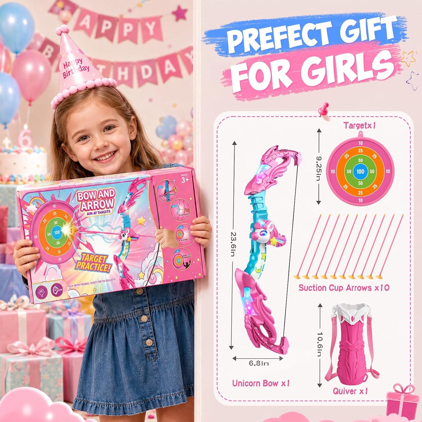 Jofuni Unicorn Toys for Girls Ages 3-12, Bow and Arrow Set for Kids with 10 Arrows | Light Up Archery Toy with Target & Quiver, Indoor Garden Birthday Gifts for Girls